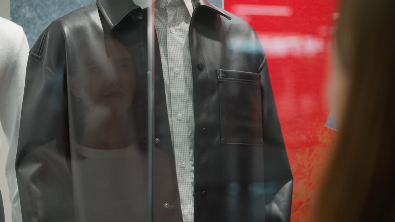 유리창에서 여성의 미묘한 반사, 대담한 빨간색과 노란색 배경과 함께 소매 상점 창문에 전시 된 체크 된 셔츠 위에 검은색 가죽 재을 입은 마네킨