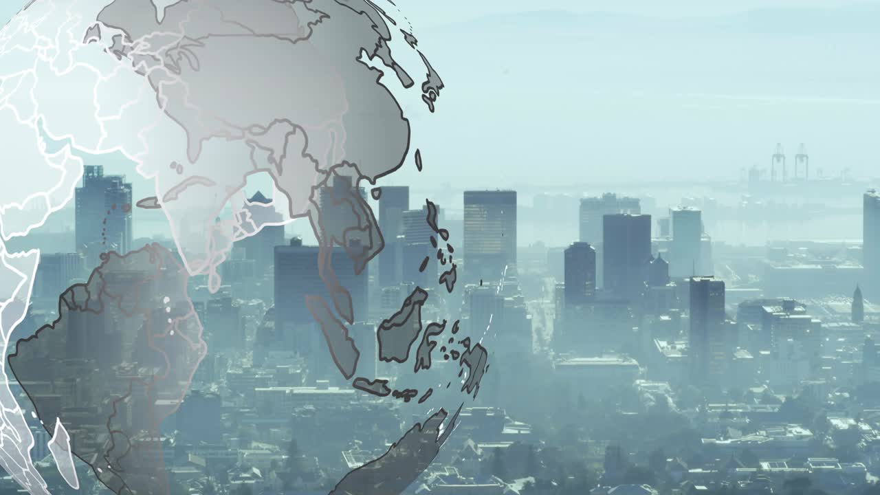 Semi-transparent globe fading in from left, rotating clockwise over skyline, showing global reach