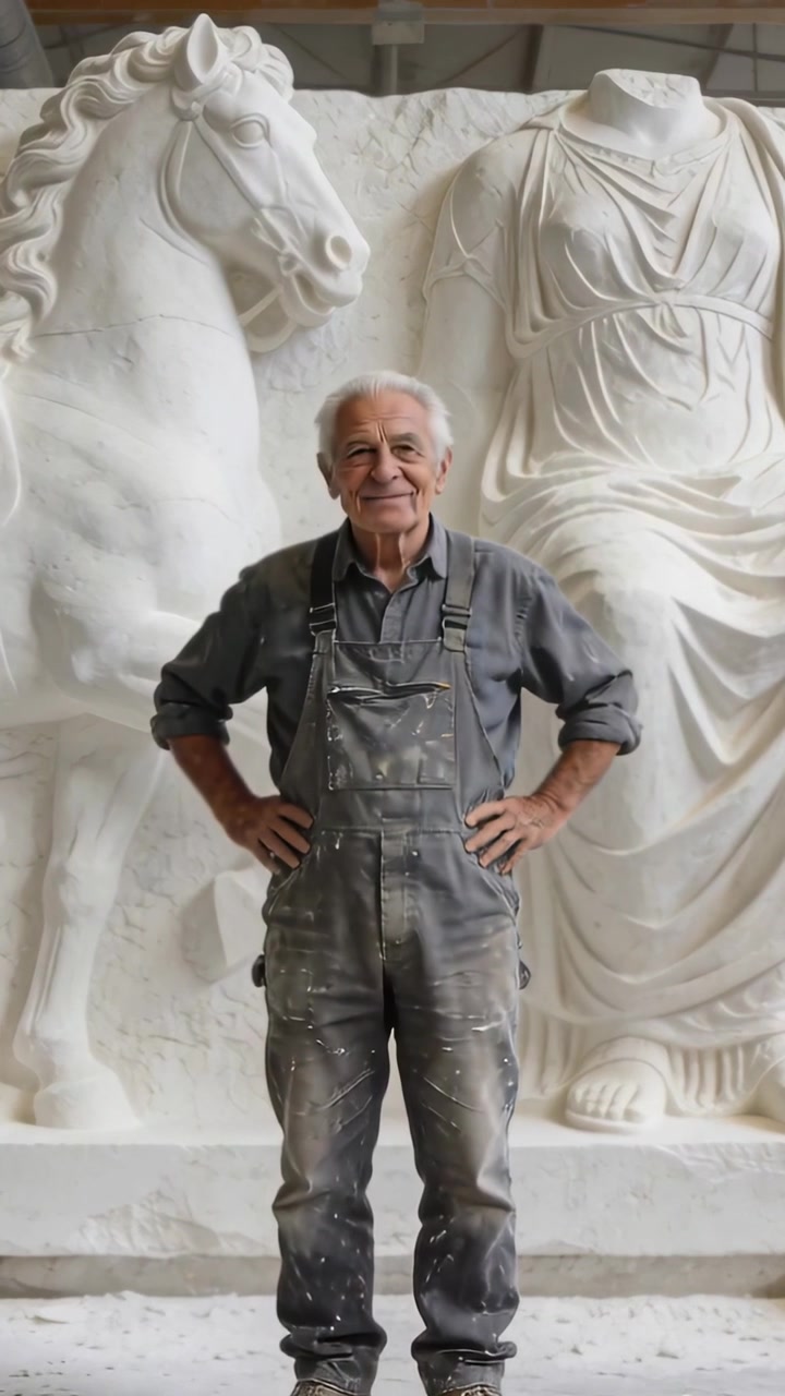 Video verticale: Artista in posa in tuta da lavoro che sposta il peso, sorridendo mentre la telecamera si avvicina, con un rilievo di cavallo.
