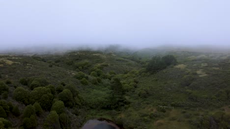 Tilt-Up-Shot-Revealing-Gorgeous-Scenery-Of-Fog-Covering-Green-Hill-Near-Blue-Sea,-California