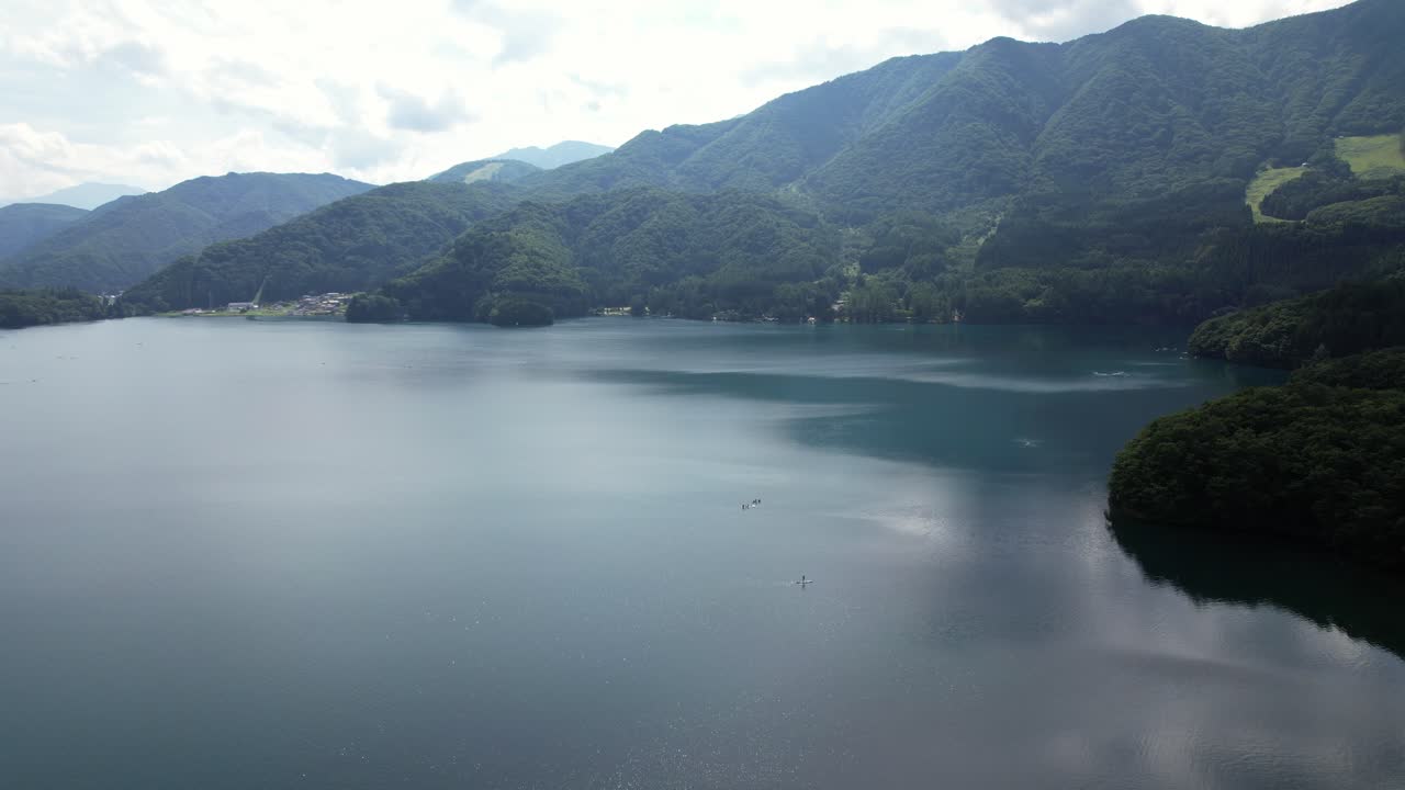 Deepest Lake In Nagano Prefecture. Lake Aoki In Omachi, Japan. Aerial Wide Shot