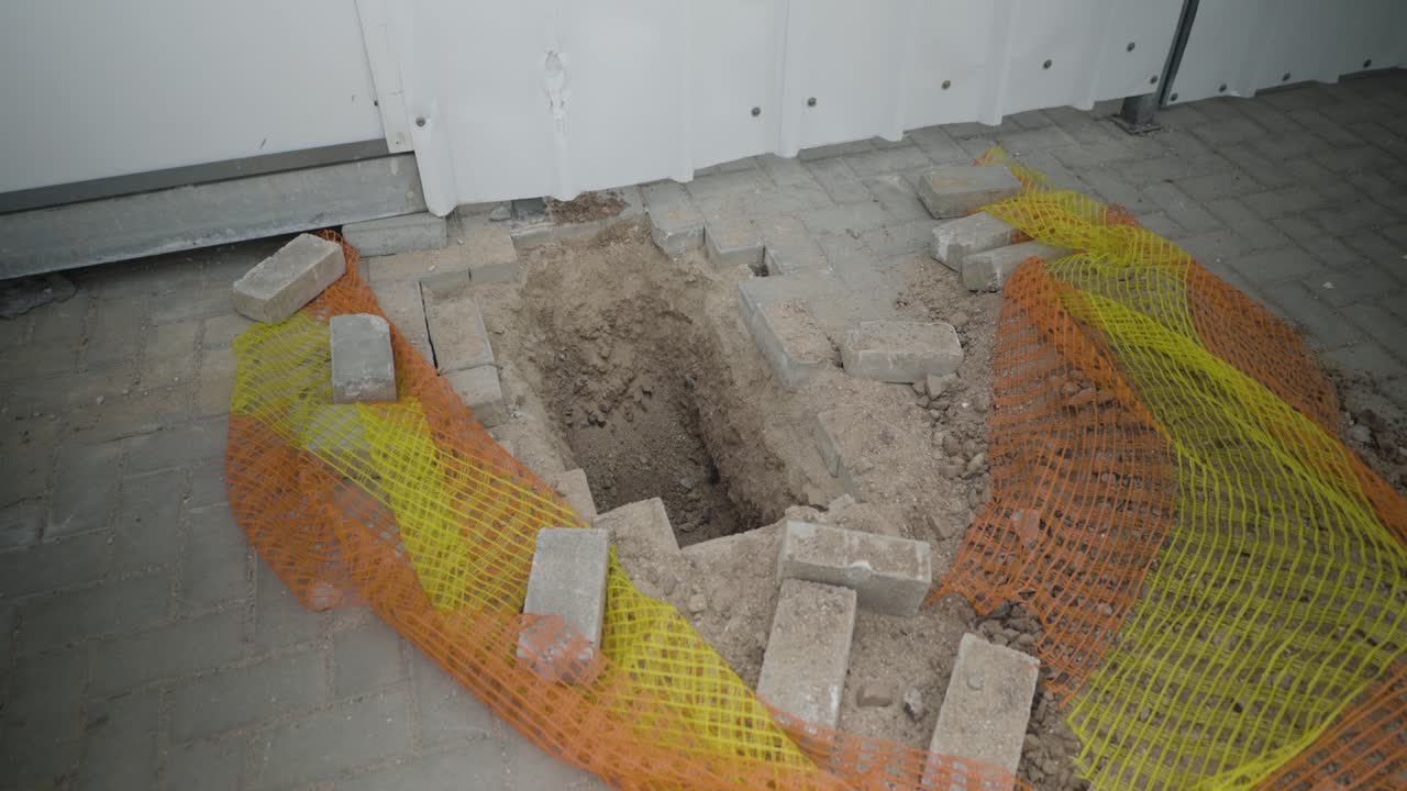 Close-up shot of a person hammering a brick into place on a city street. Construction worker repairing damaged brick pavement. Renovation and maintenance of urban infrastructure.