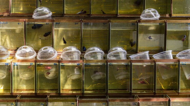 Exotic Siamese fighting fish for sale at Chatuchak’s Fish Market, Bangkok, Thailand