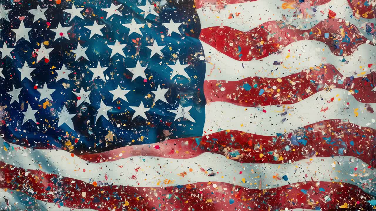 Colorful confetti cascading over proudly waving american flag, symbolizing national pride during festive holiday celebration