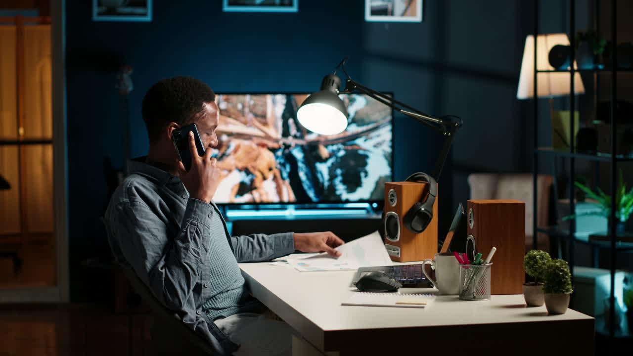 남자 프리랜서가 자금에 대해 논의하기 위해 집에 있는 금융 전문가에게 전화합니다.