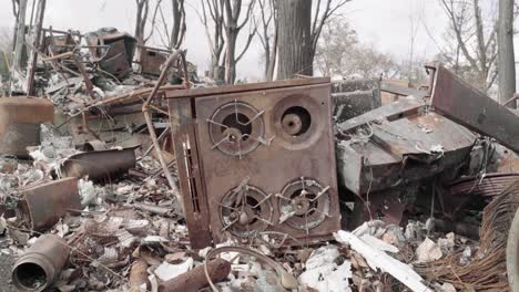 rusted stove of mobile home park turned wasteland due to wildfires - oregon wildfires - 4k