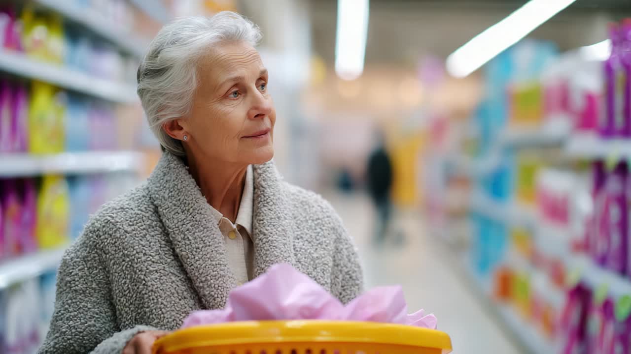 A thoughtful elderly woman in a cozy sweater stands in a grocery store aisle holding a basket filled with colorful products, reflecting on her shopping experience amidst a vibrant and organized display