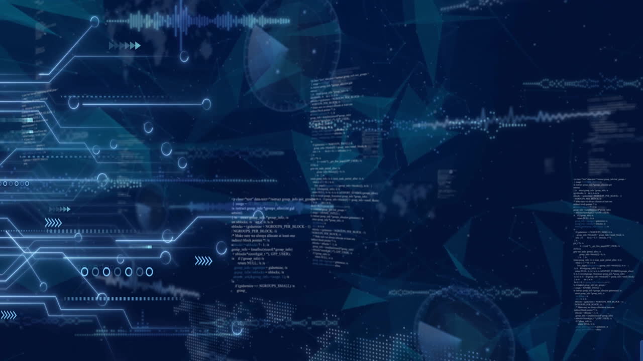 Animation of circuit board and digital data processing over black background