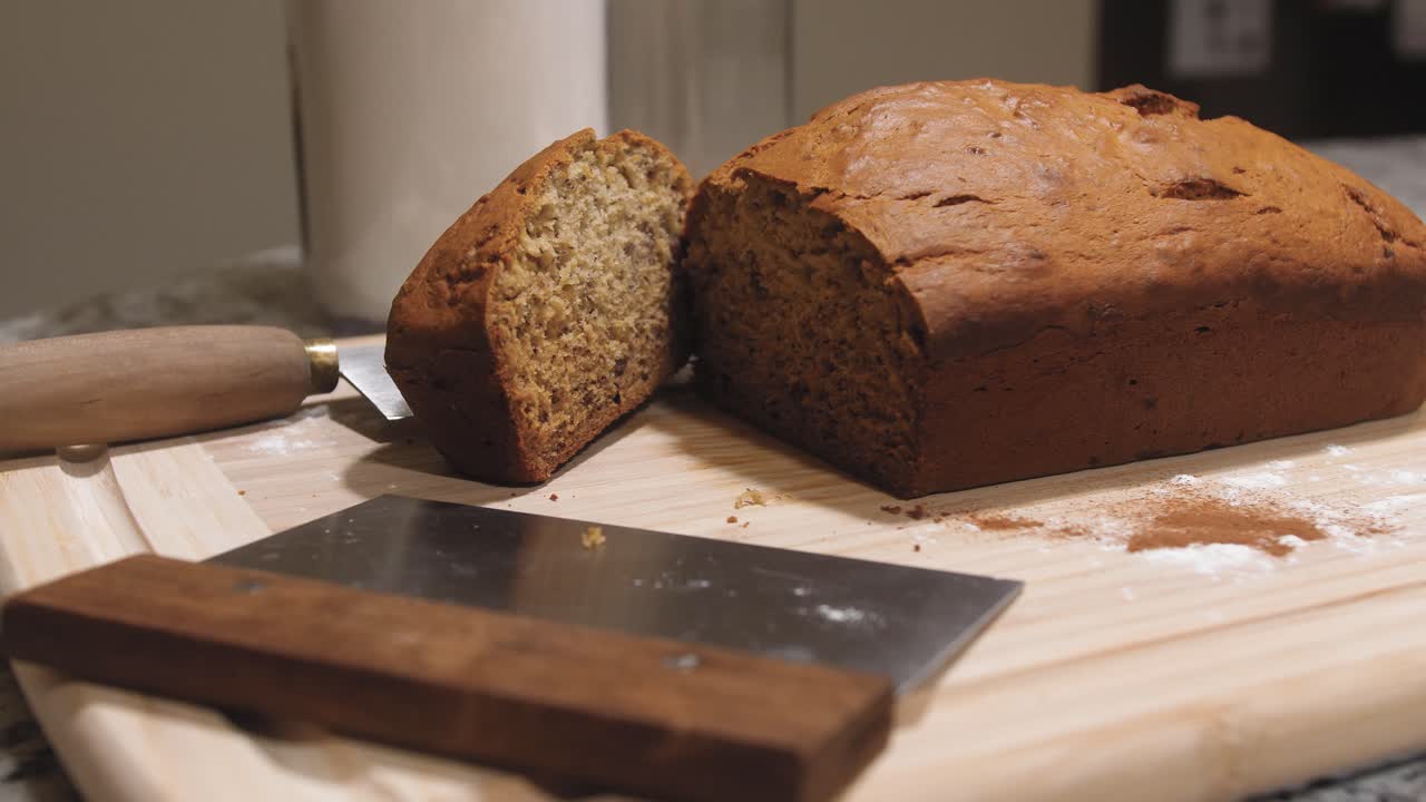 Fresh Loaf of Sliced Homemade Banana Bread with left to right slide