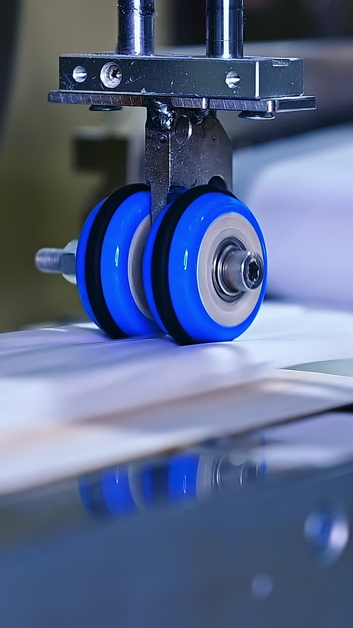 Process of making recesses on the inner surface of a diaper. Little blue roller spinning on a conveyor line. Close up. Vertical video