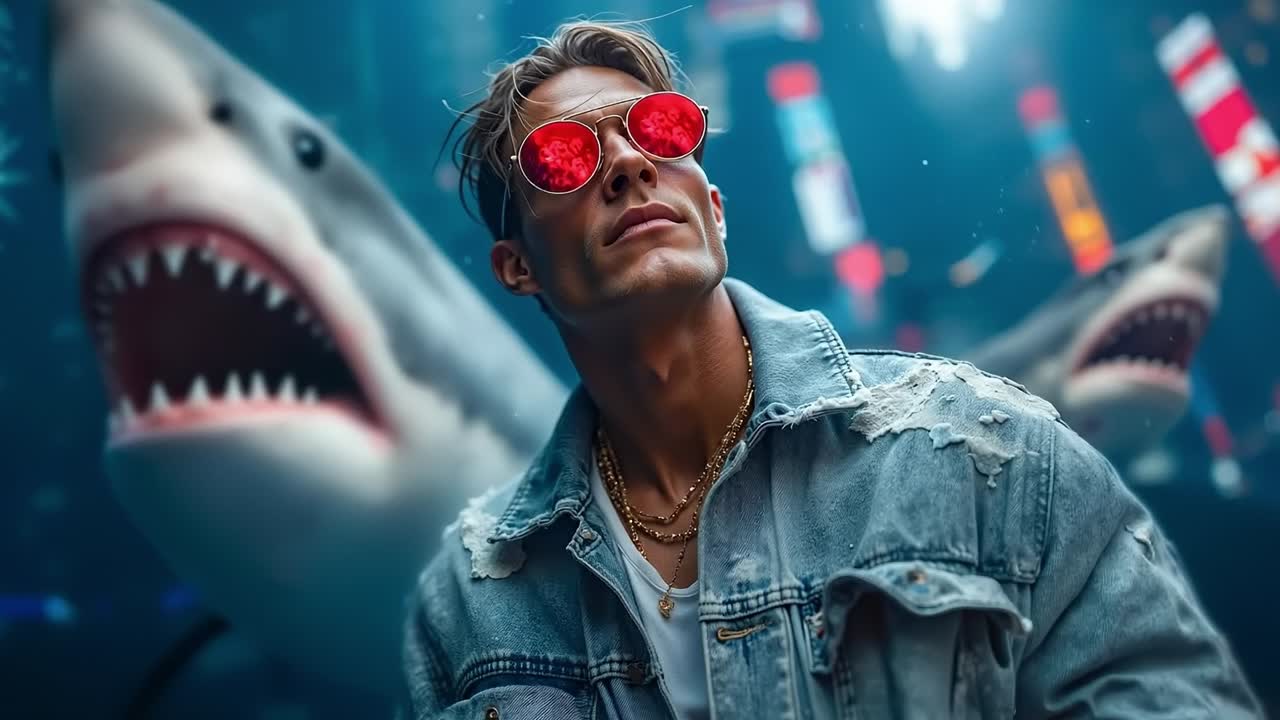 A man in a denim jacket and sunglasses standing in front of sharks
