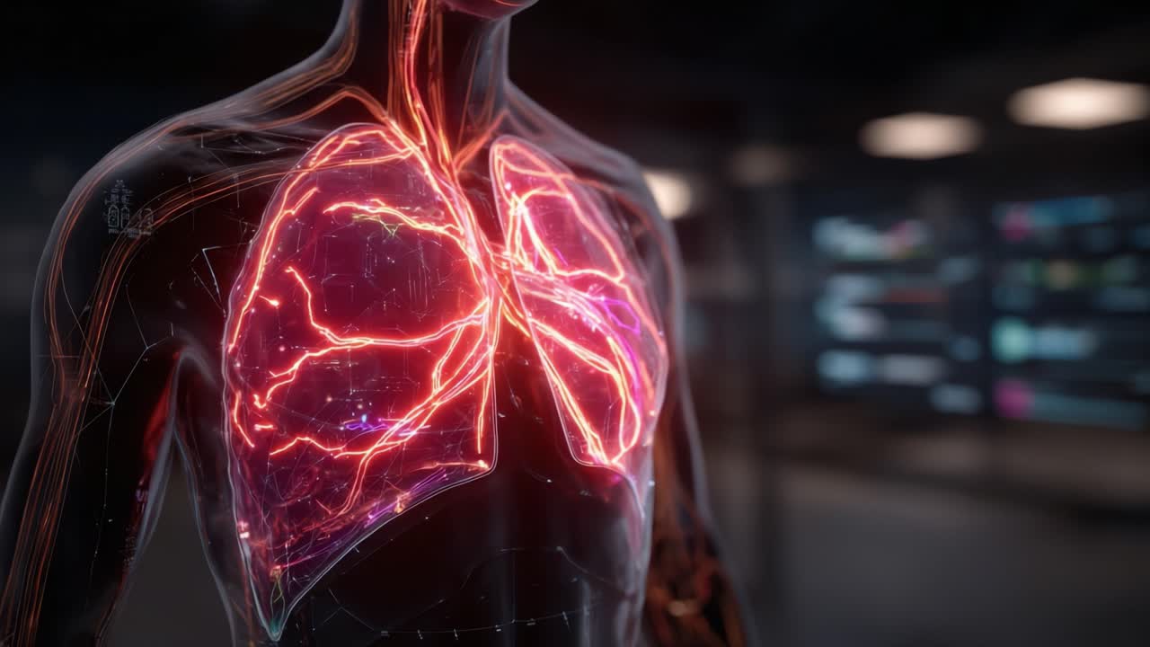 Una splendida rappresentazione del sistema respiratorio umano con polmoni e reti vascolari evidenziati, che cattura dettagli intricati delle strutture biologiche in un ambiente moderno.