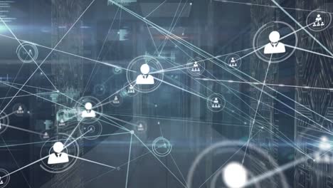 animation of computer servers with icons and network of connections