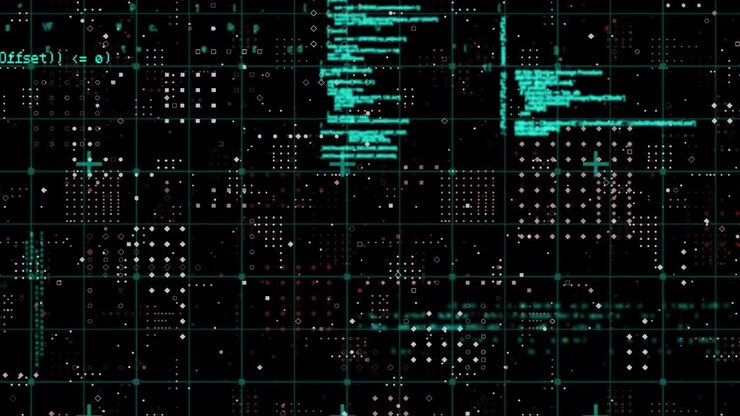 Animation of data processing over grid network against rows dots pattern on black background