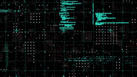 Animation-of-data-processing-over-grid-network-against-rows-dots-pattern-on-black-background