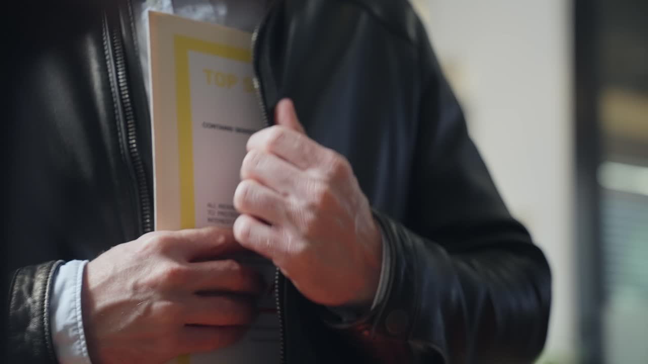 Spy, agent, or thief discreetly hides secret confidential files inside a leather jacket, secrecy and deception. Attempting to steal valuable information of espionage in folder with sensitive documents