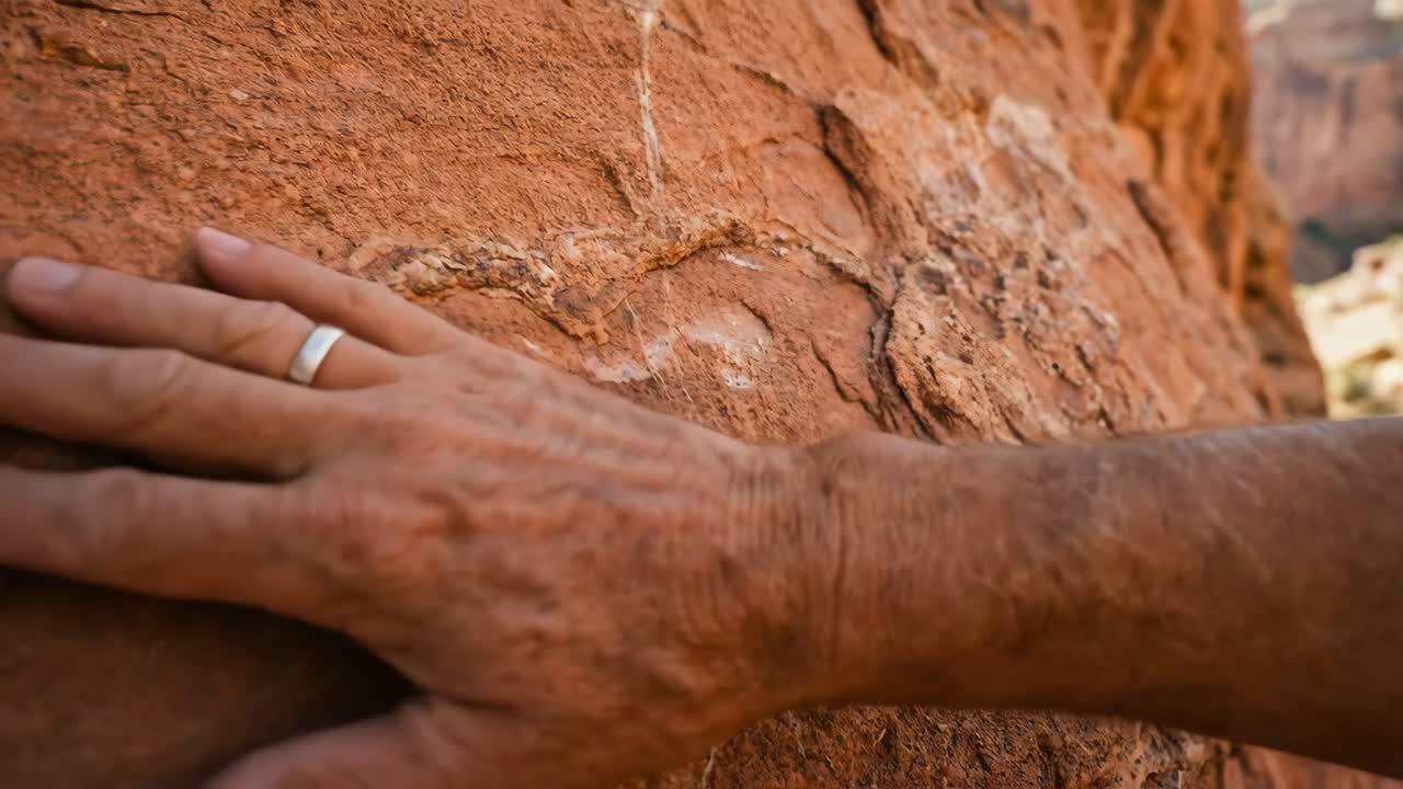 Person's Hand Gently Touching Textured Red Rock in Canyon