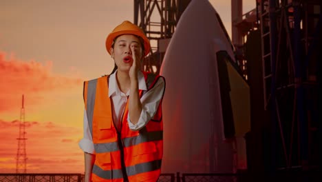 woman engineer shouting near rocket launchpad at sunrise