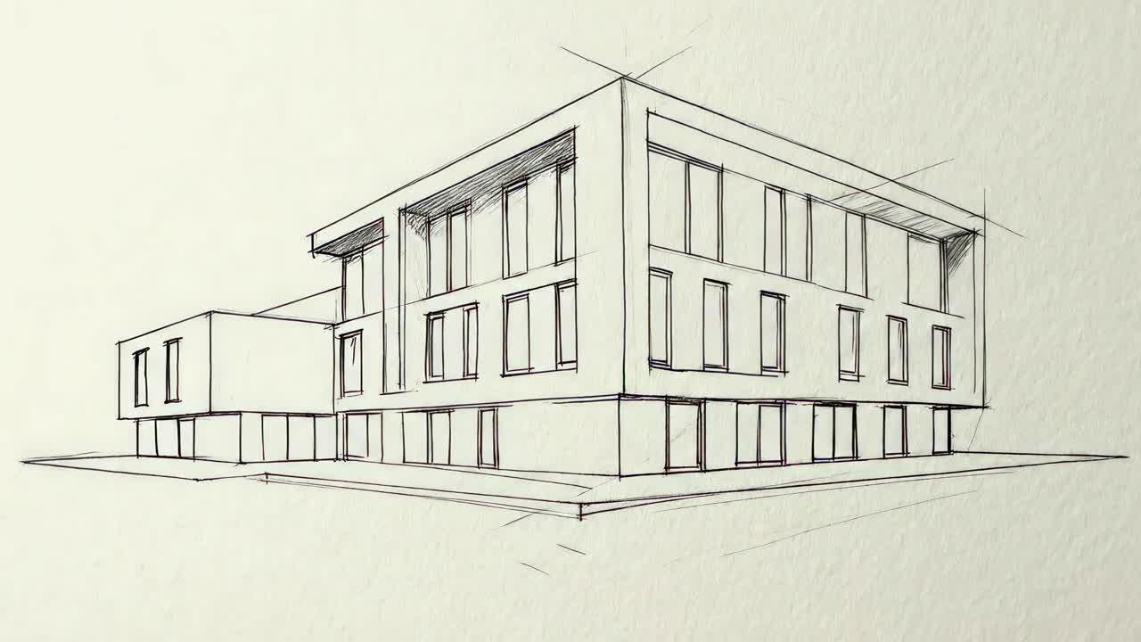 Arkitektonisk skitse af en moderne bygning, set i vinkel, velegnet til videoanimationer.