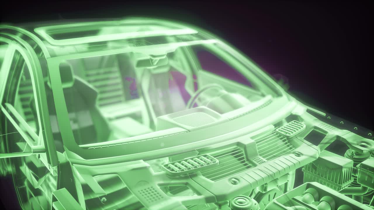 Animazione olografica di modello auto wireframe 3D con motore