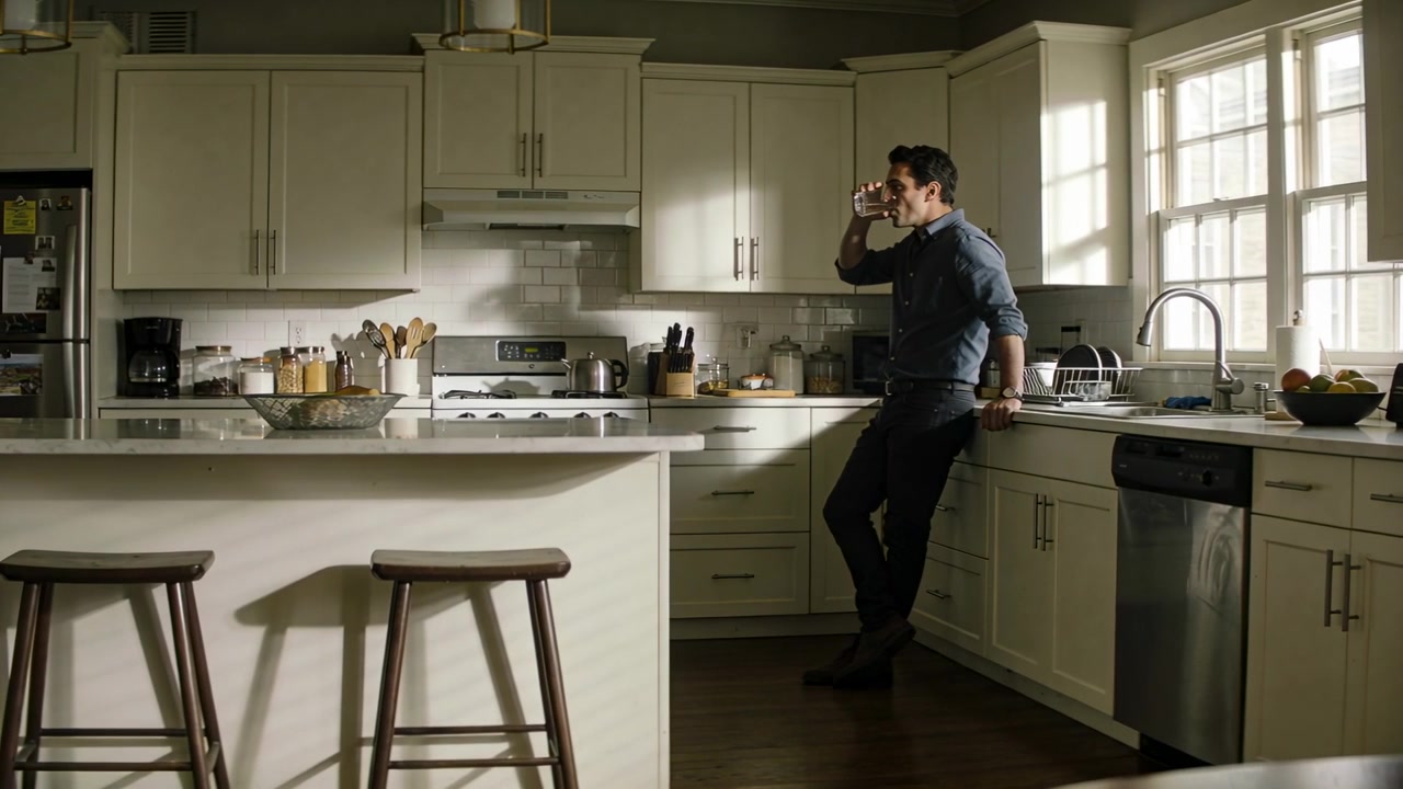 Uomo che porta un bicchiere trasparente alle labbra, indossando una camicia scura e pantaloni scuri, che sorseggia in cucina, con spazio per il testo