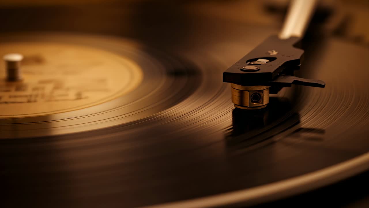 Contacting stylus entering vinyl grooves in home audio setup, starting uninterrupted playback