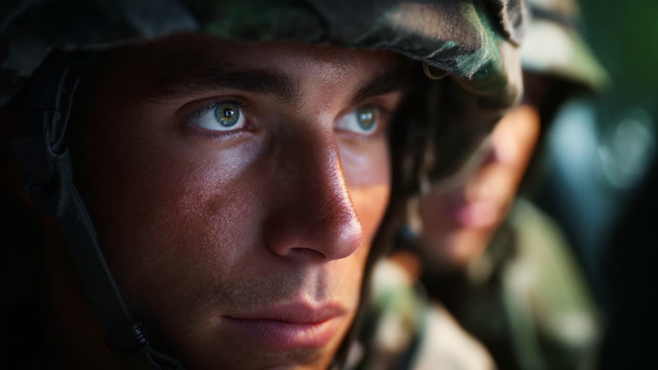 Primo piano di un soldato con sguardo intenso che esprime determinazione, coraggio e preparazione in tenuta militare in un ambiente carico di tensione