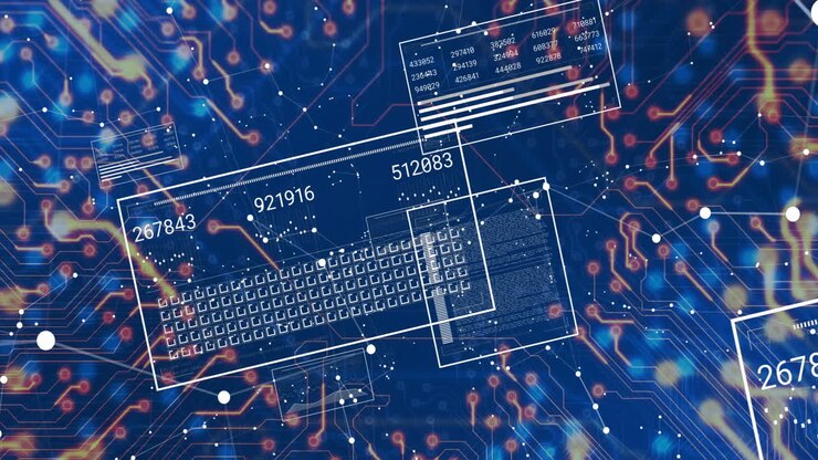Digital circuit board with data processing animation and numerical overlays