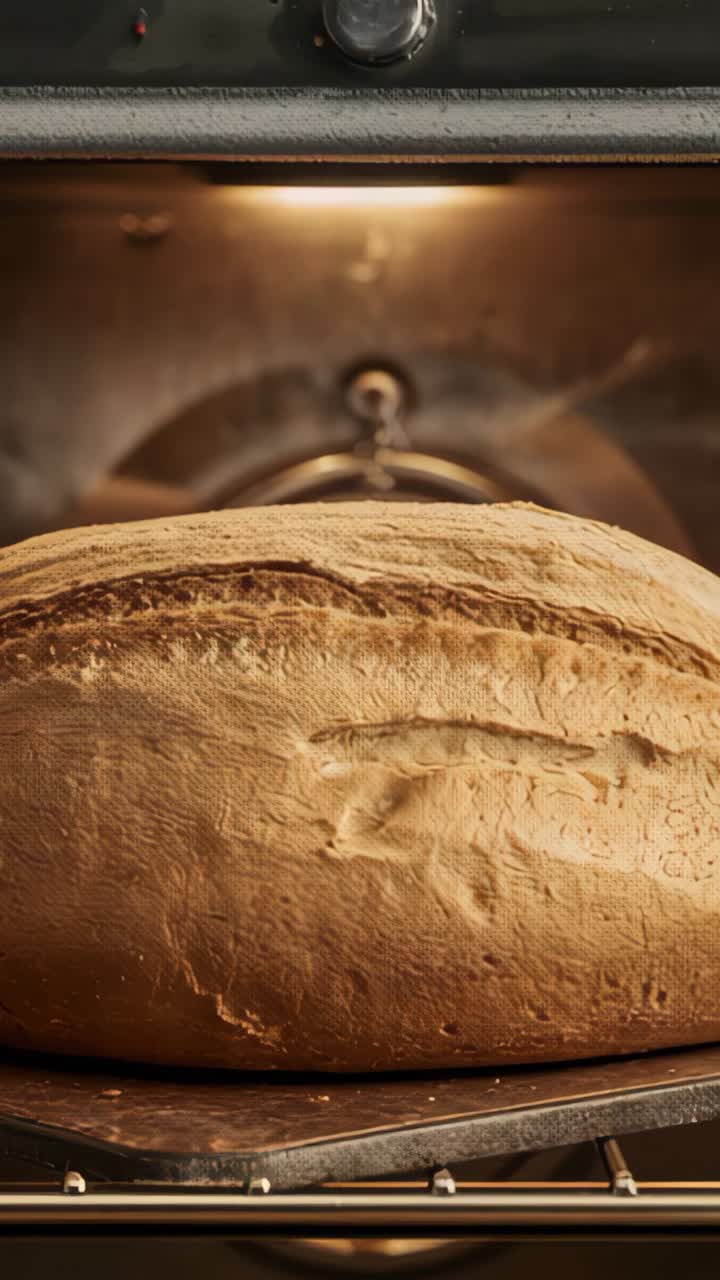 Vertical video: Hot oven heating dough loaf rising crackling and browning on rack under oven light
