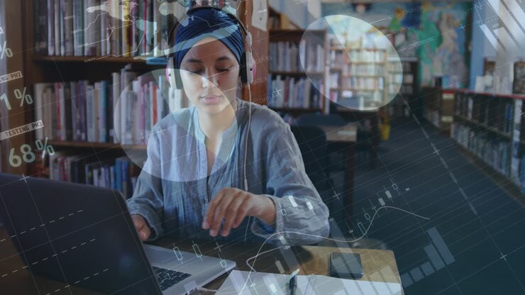 Animation of data processing over biracial female student