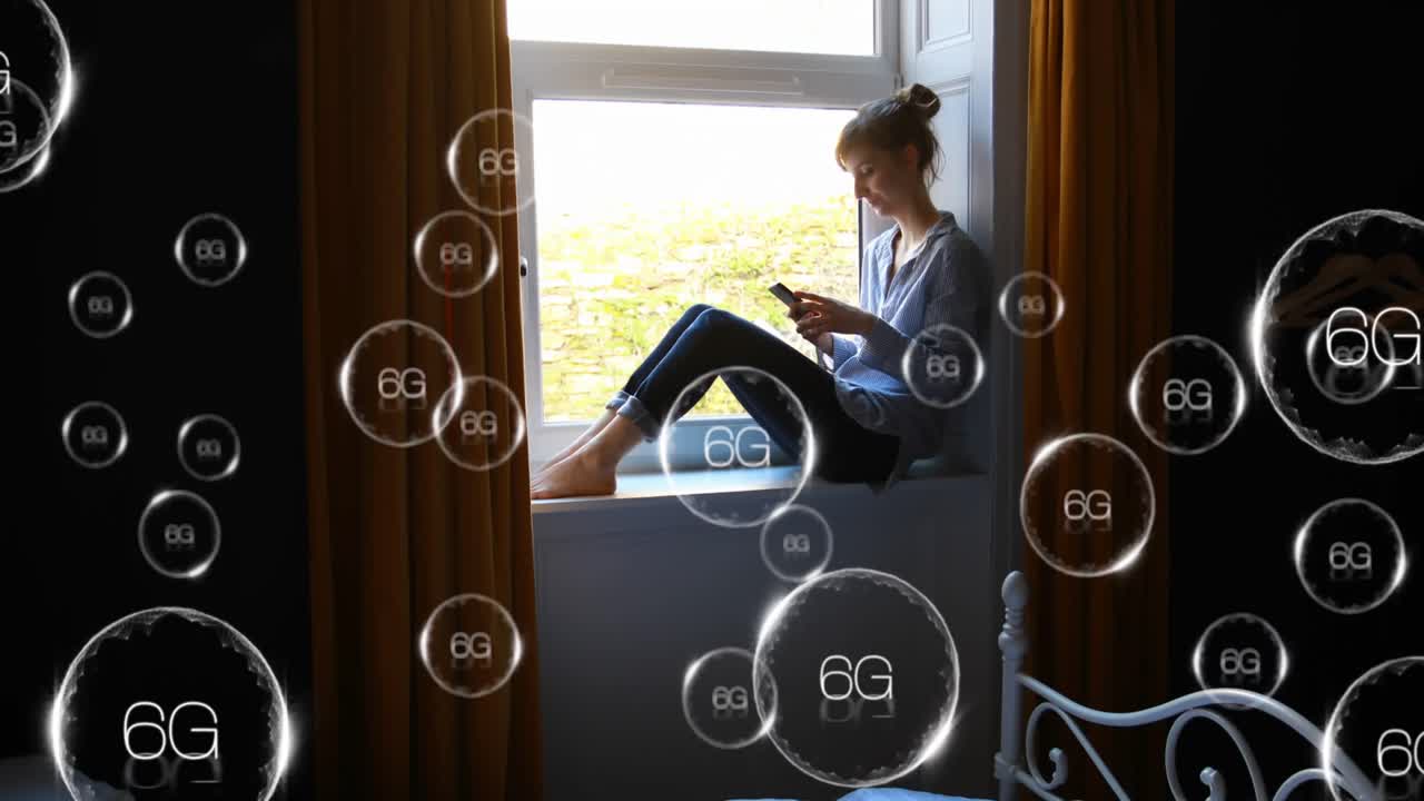 스마트폰을 사용하는 백인 여성에 대한 6g 텍스트의 애니메이션