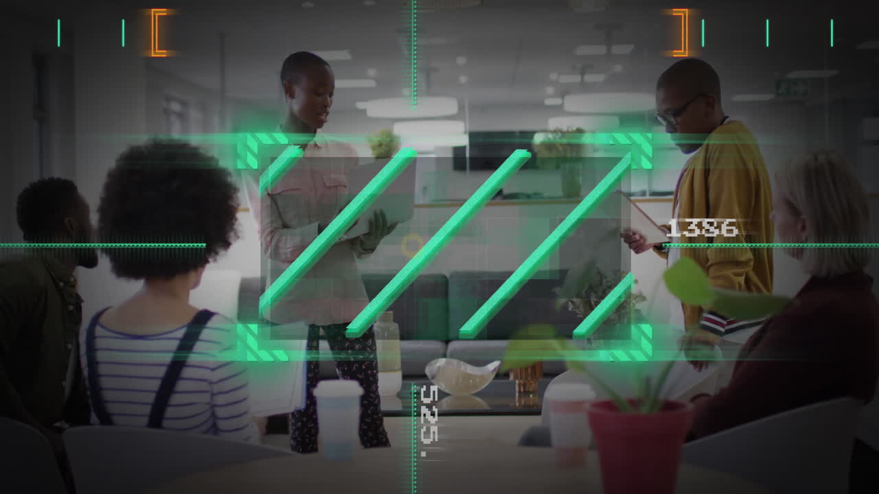 In modern office, diverse team discussing with digital data animation overlay