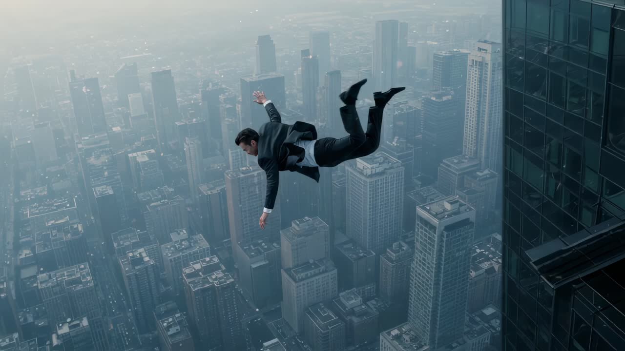 Corporate businessman plummeting through urban skyline, capturing intense moments of professional despair, financial collapse, and existential crisis within six dramatic frames