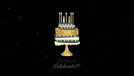 Animation-of-gold-birthday-cake-and-candles-over-white-stars-moving-on-black-background