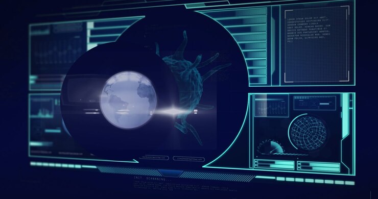 Animation of globe over data processing with virus cell on black background