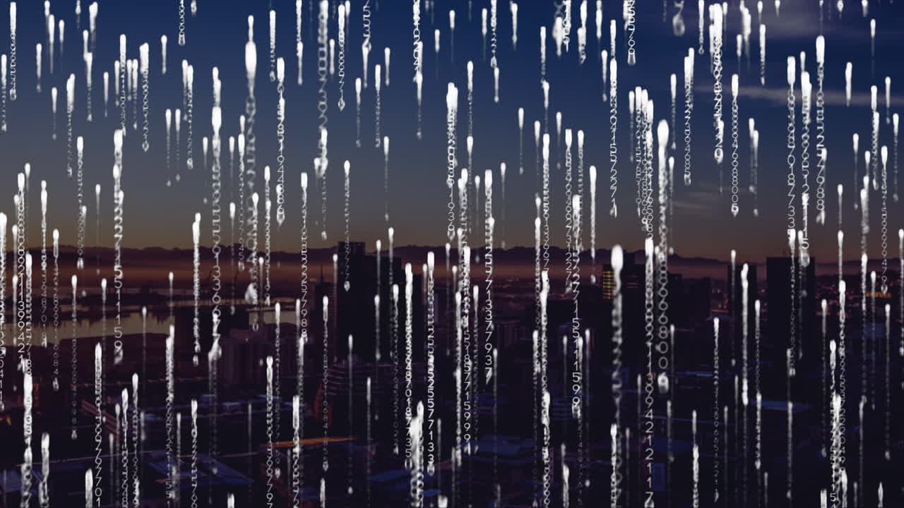 도시 풍경 위의 데이터 처리 애니메이션