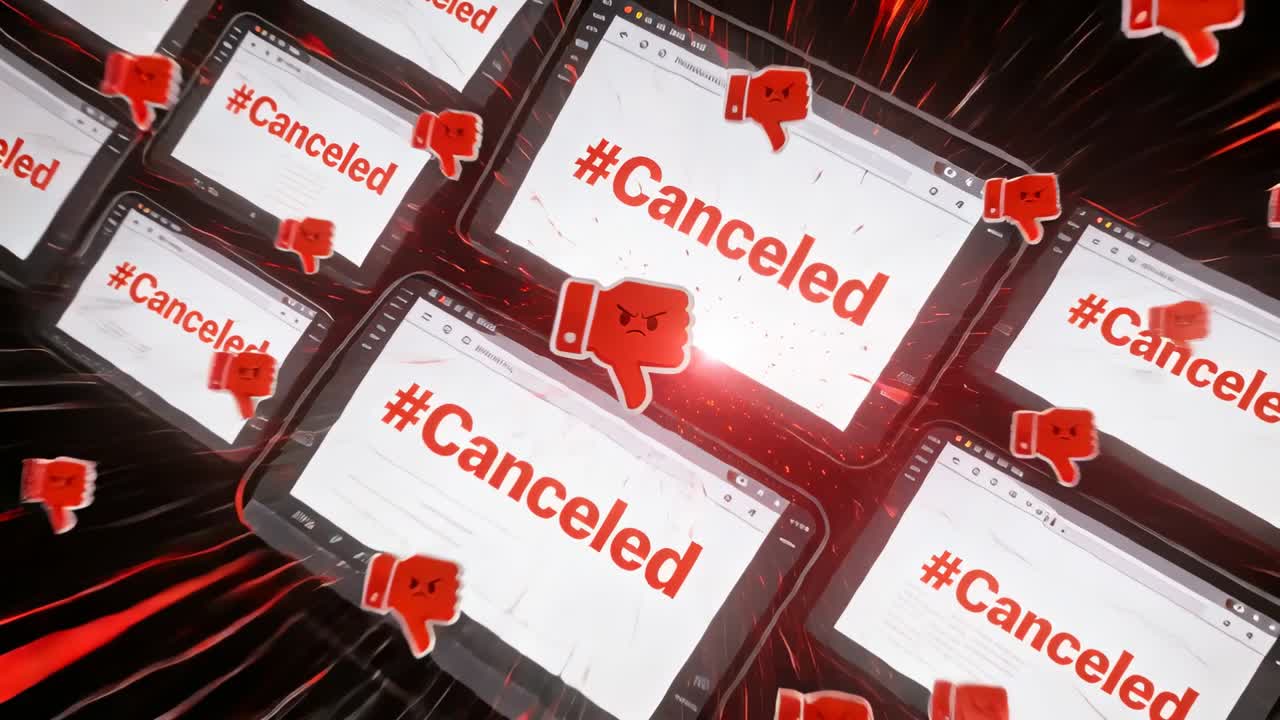 Tablet cluster displaying #Canceled sparking red downvote icons swarming engulfing screens online