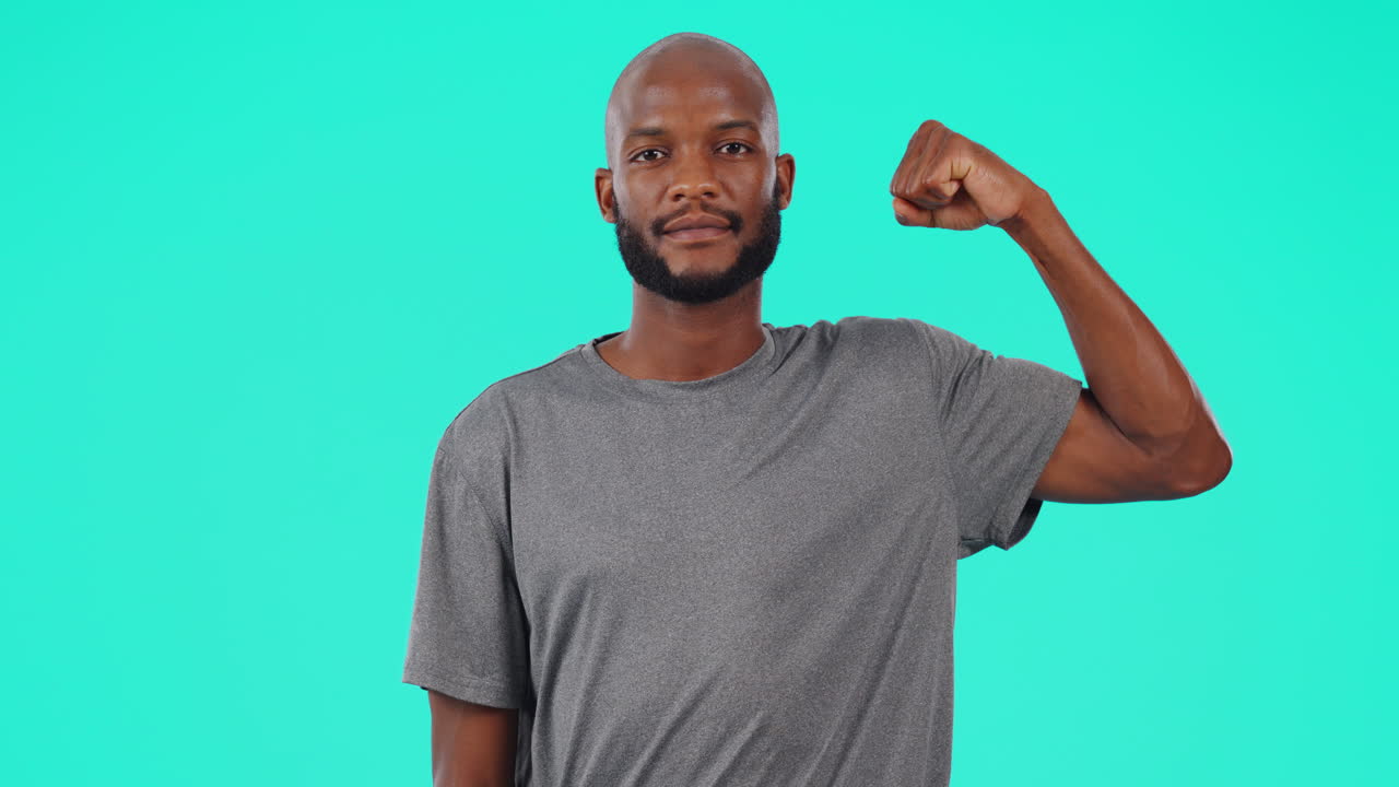 Portrait, strong and bicep with a black man