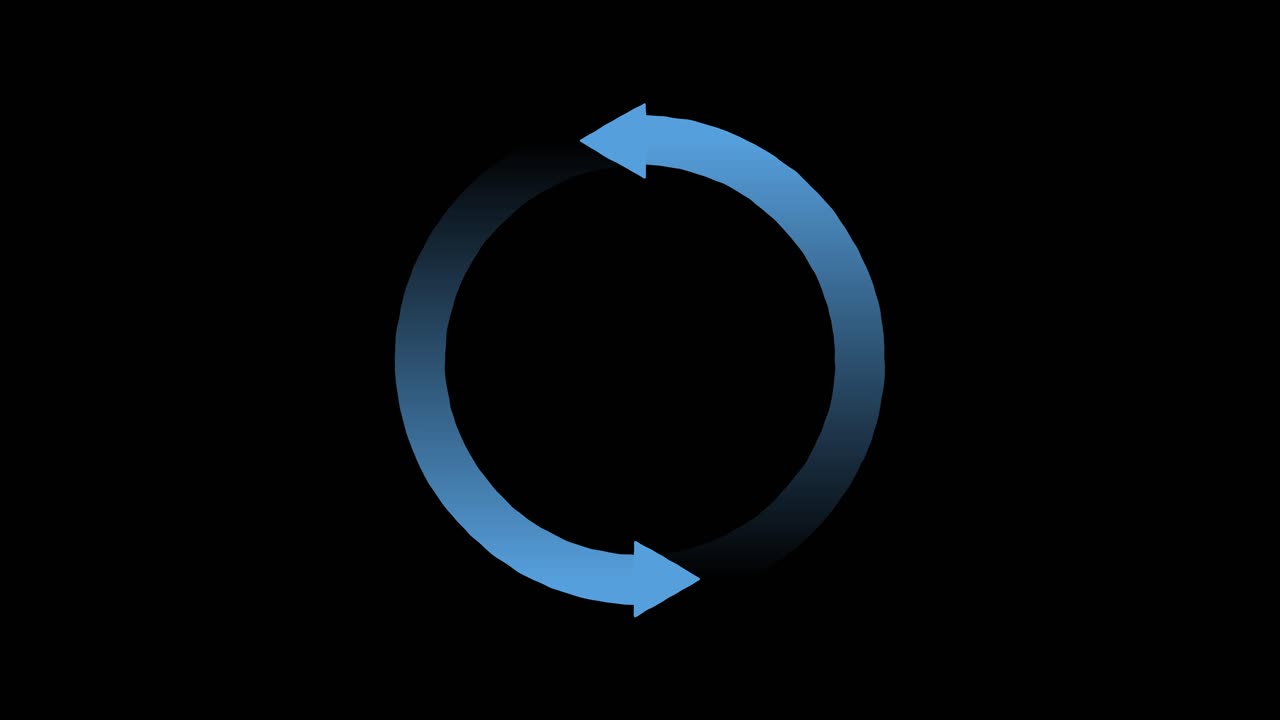 Blue circular arrow smoothly rotates clockwise on black background, seamless loop, minimal vector style