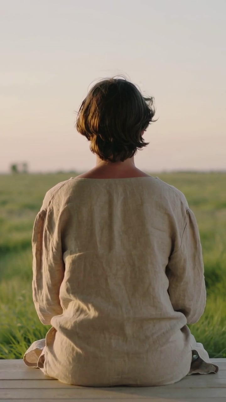 Vertical video: Sitting figure in linen watching horizon on deck over meadow, breeze moving hair