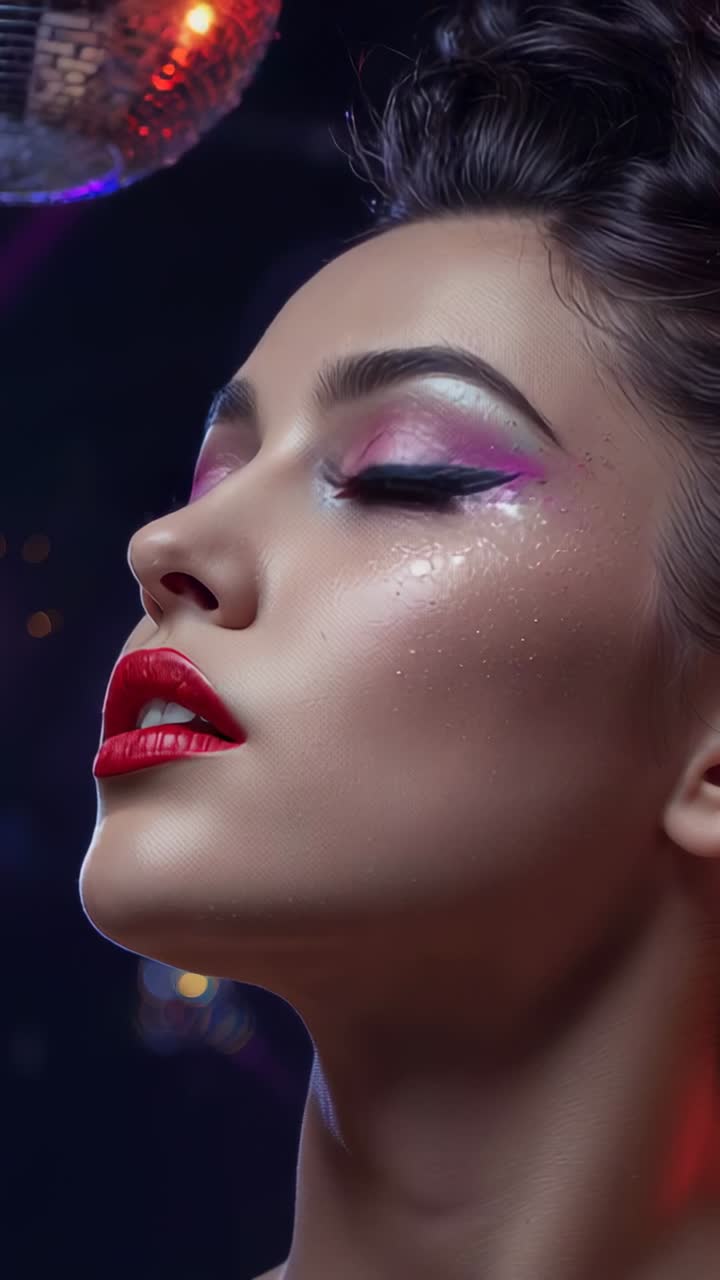 Vertical video: Swinging disco ball in club, stylist's hand smoothing hair by bulb, copy space