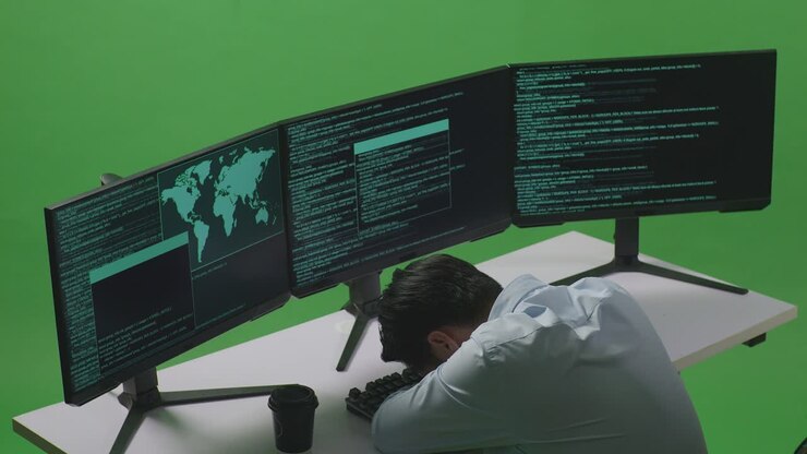 Side View Of Tired Asian Man Developer Sleeping While Write Code With Multiple Computer Screens In Green Screen Studio