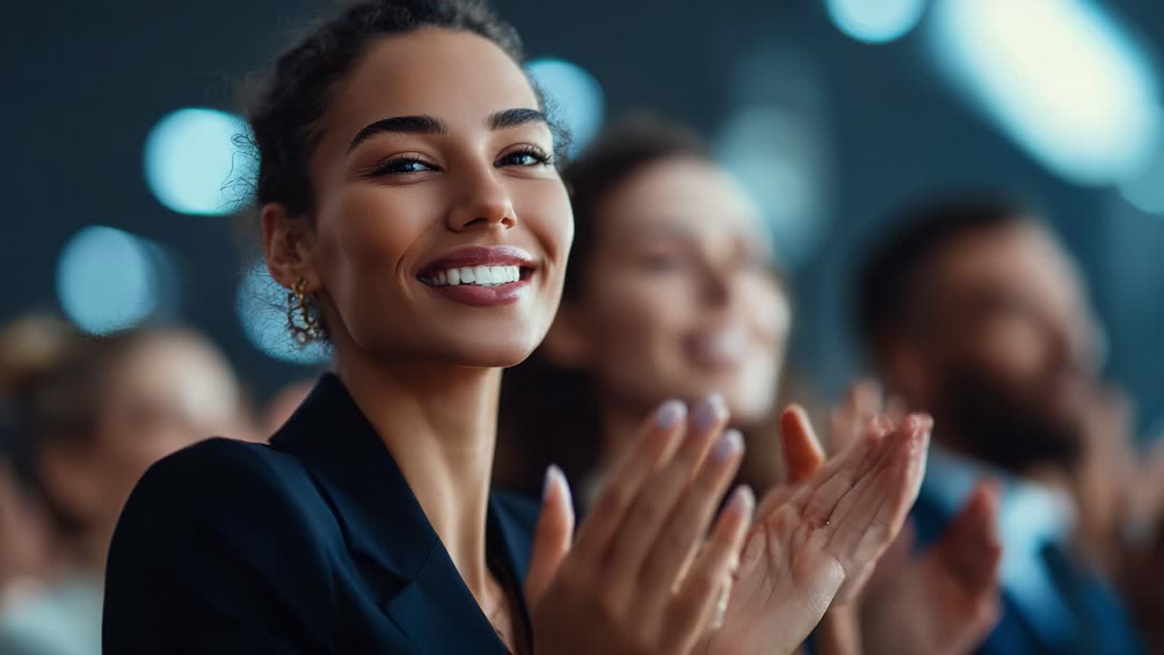 A joyful moment captured as a woman smiles broadly while applauding among an engaged audience, showcasing her appreciation for an inspiring performance or speech