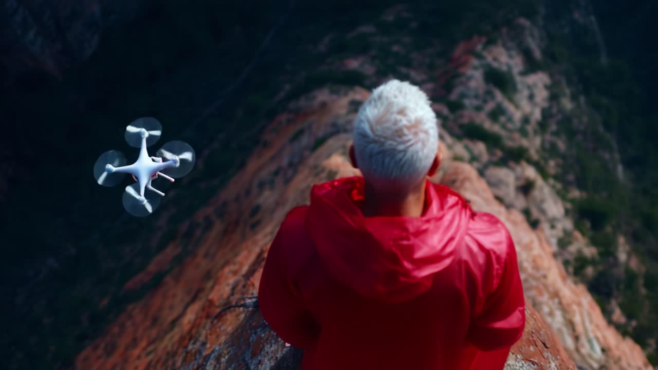 Aerial Exploration: Capturing the Thrill of Adventure with a Drone Overlooking a Majestic Cliff Scene as a Bold Adventurer Stands in a Vibrant Red Rain Jacket