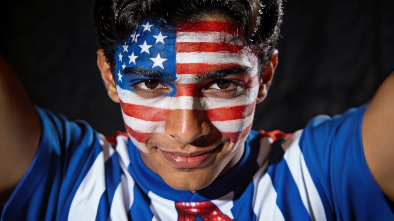 Adolescente che festeggia alzando le braccia dopo una trazione in studio, con maglia a righe e pittura facciale a bandiera USA.