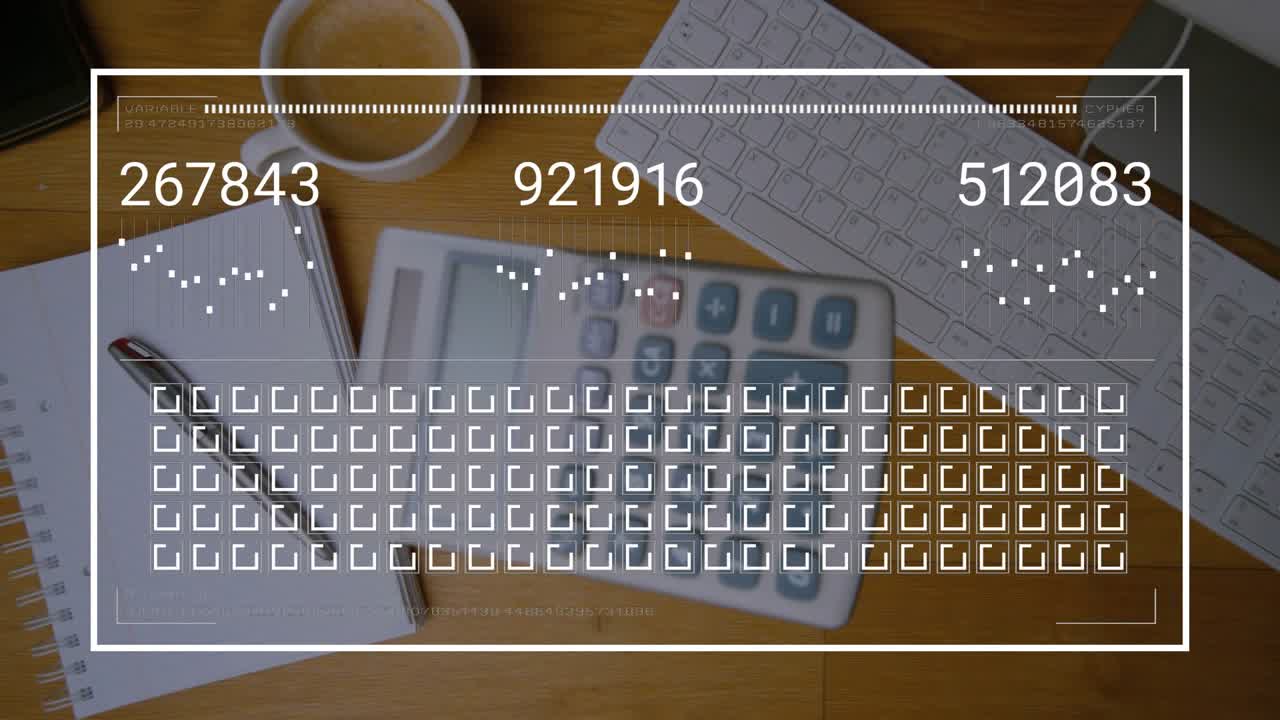 Calculator shifting, rotating as camera pull triggers HUD overlays showing counters and totals