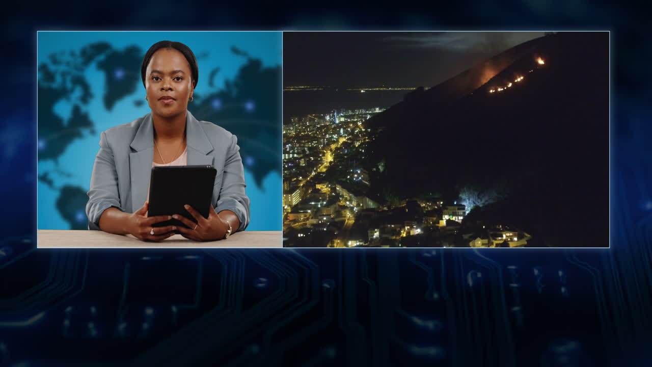 Studio di telegiornale, donna e trasmissione sull'incendio