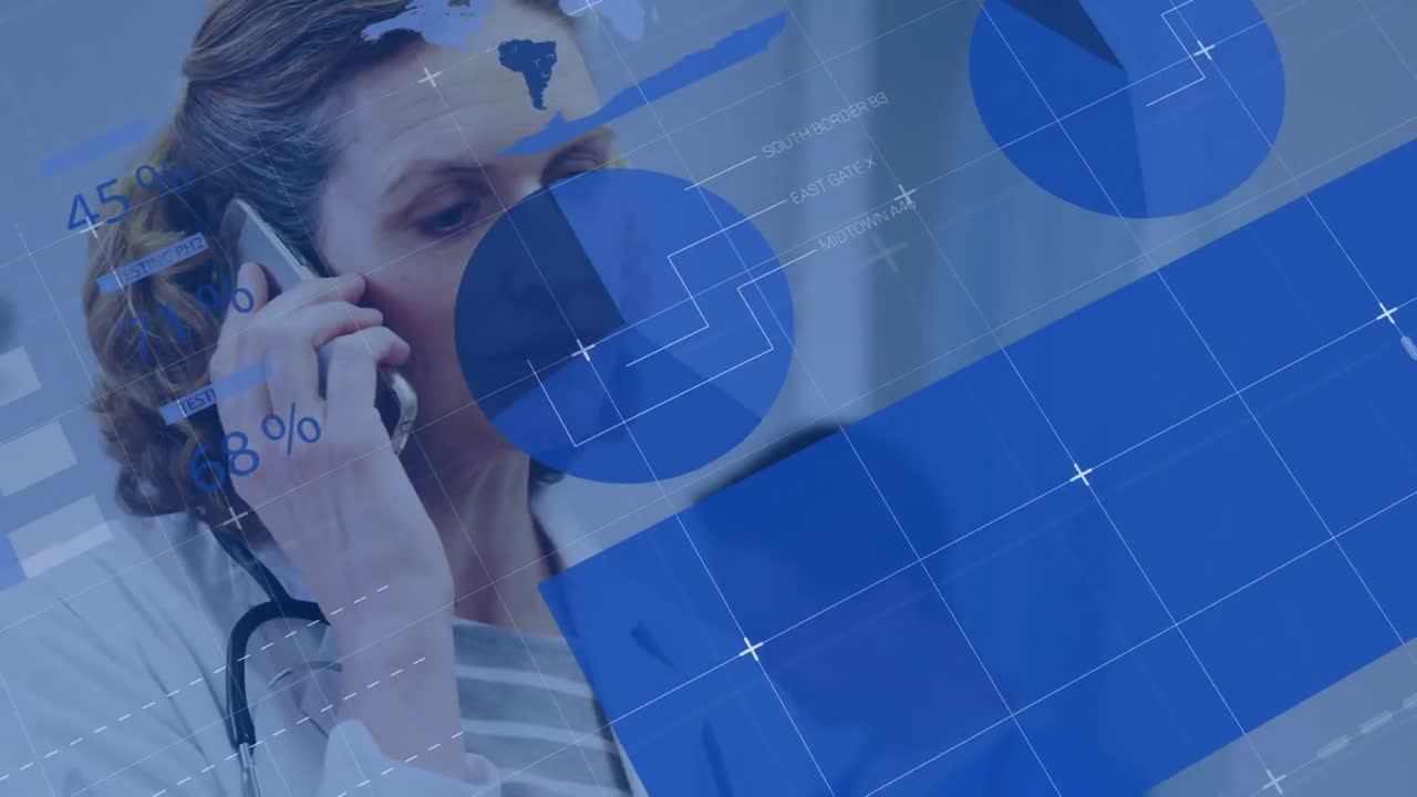 animación del procesamiento de datos científicos sobre una doctora caucásica que usa un teléfono inteligente