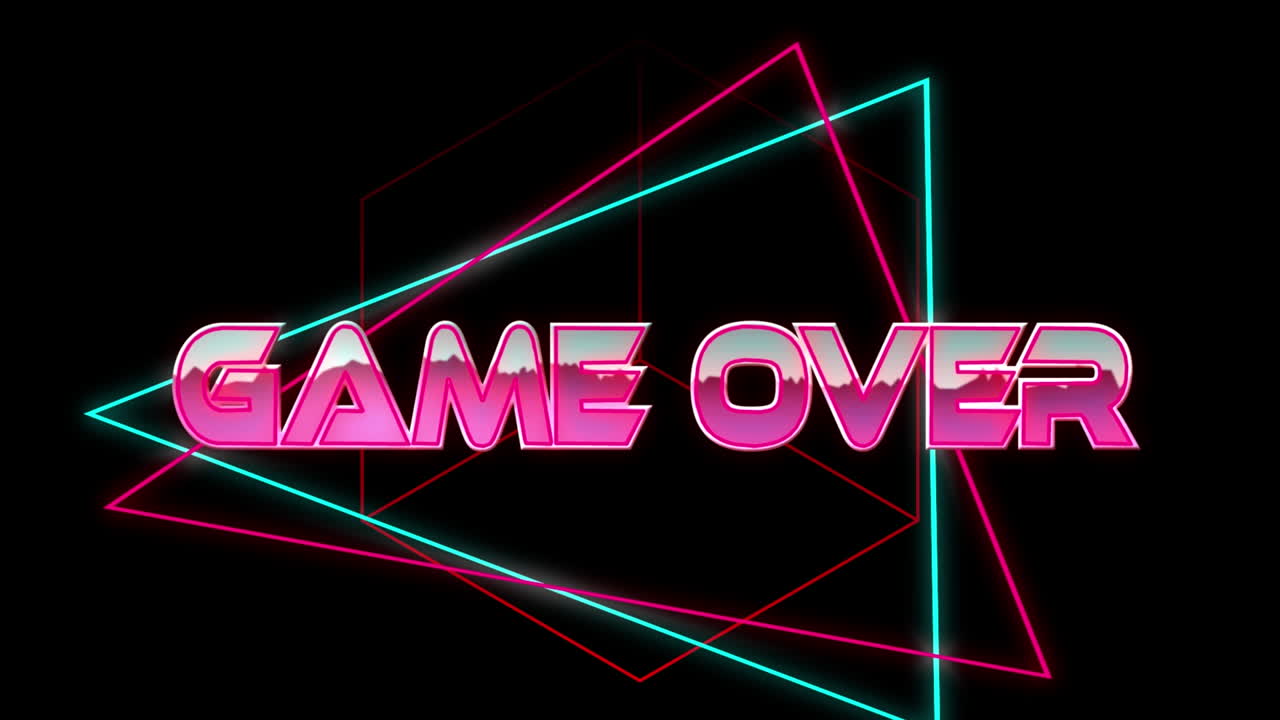 Animation of game over text over geometrical shapes on dark background