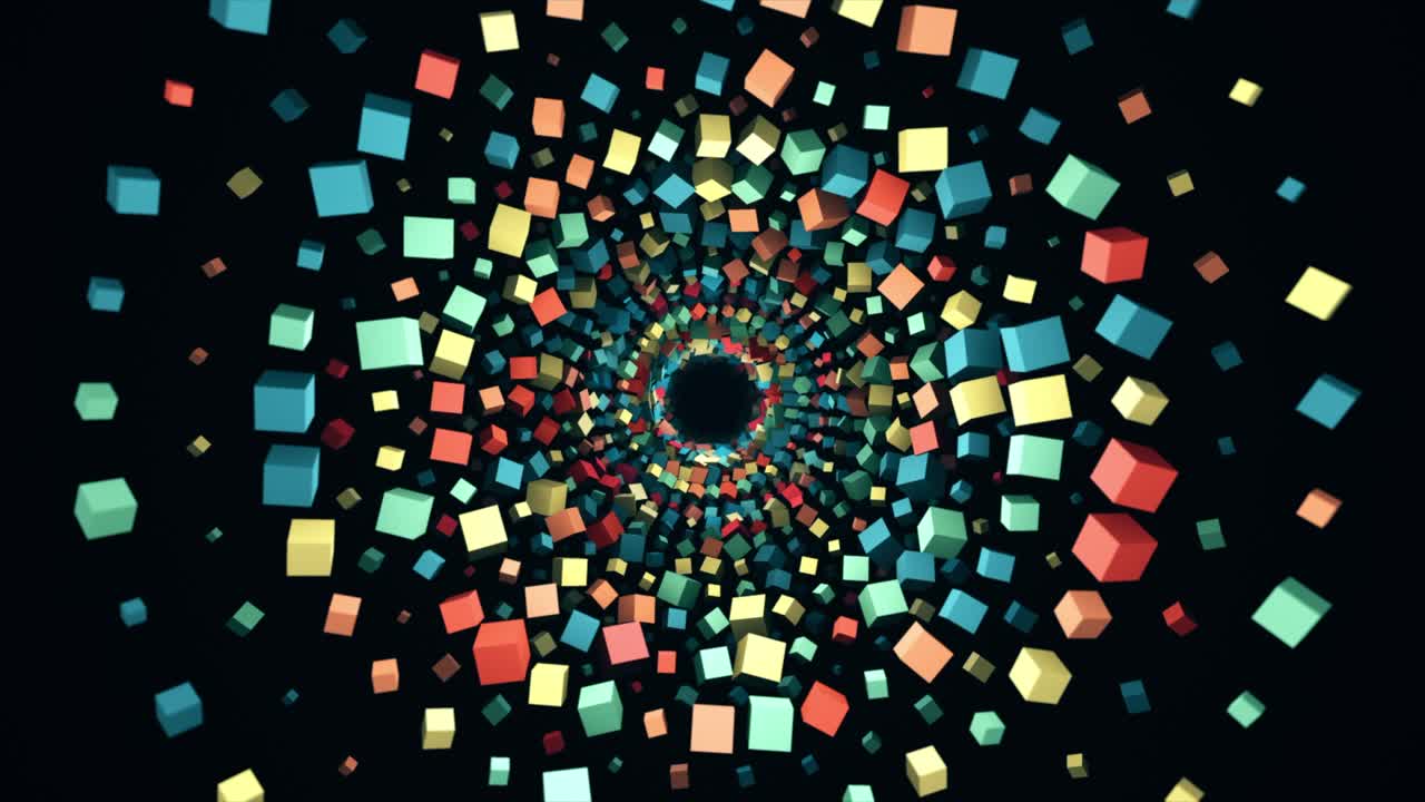Cubi colorati che esplodono in un tunnel